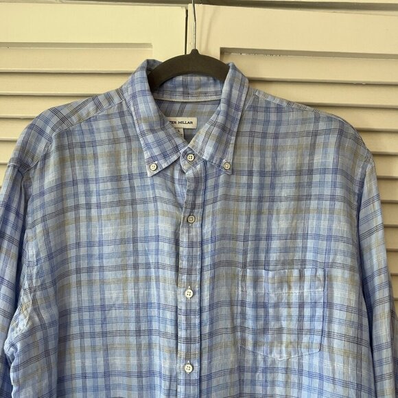 Peter Millar buttondown large plaid blue linen men beachwood - Picture 3 of 7